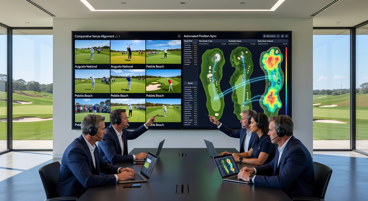 Split-screen view of two golf courses with overlaid probability charts used for position reconciliation