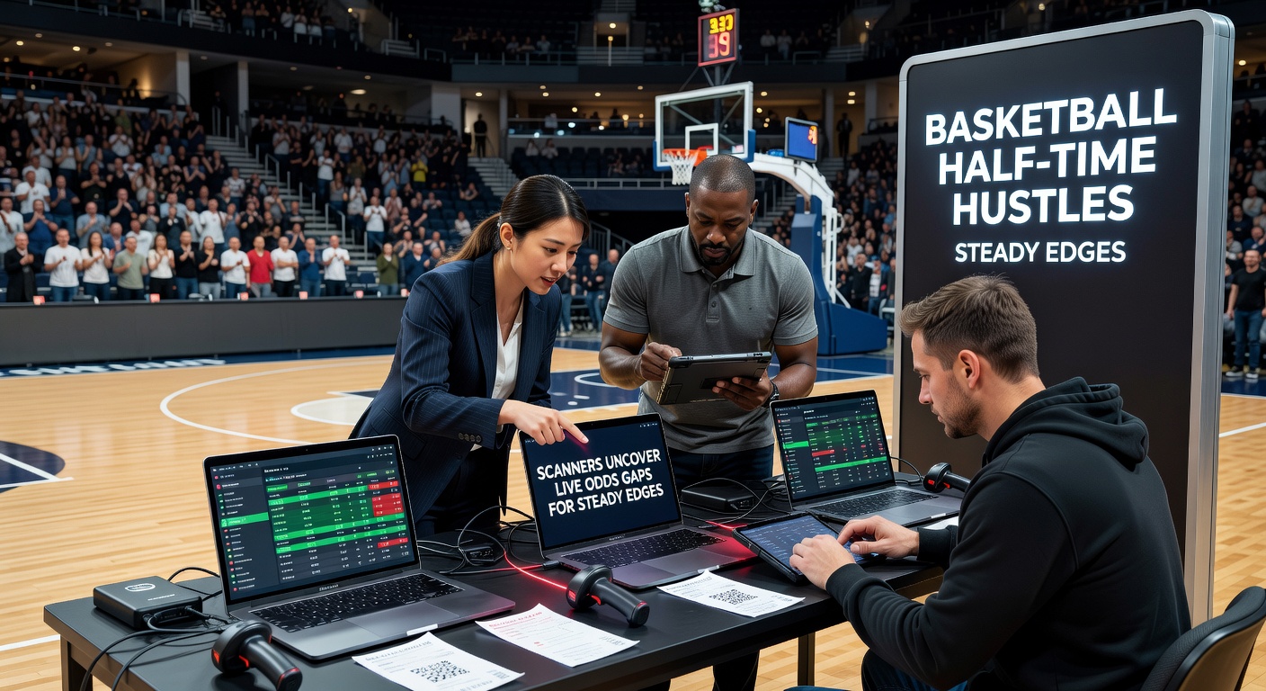 Close-up of a basketball scanner dashboard highlighting a live half-time arbitrage opportunity with odds from various sportsbooks
