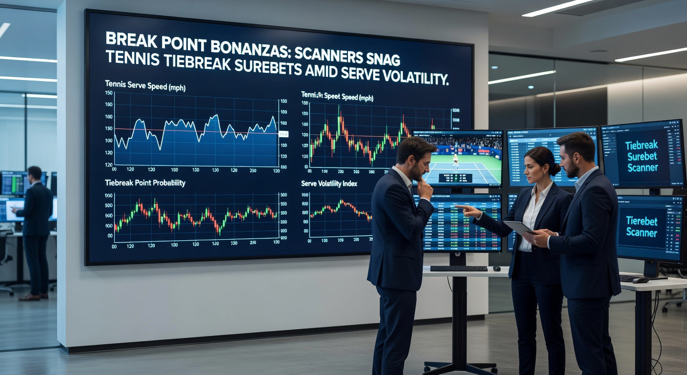 Screenshot of an arbitrage scanner dashboard highlighting a tennis tiebreak surebet with odds from multiple bookmakers and calculated profit margins