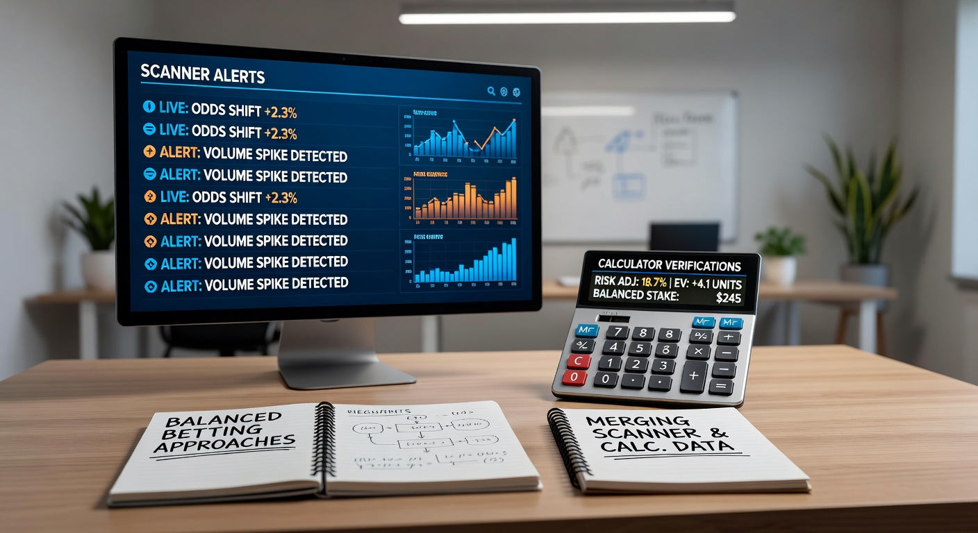 Close-up view of calculator software displaying verified arbitrage calculations next to scanner alert notifications on dual monitors