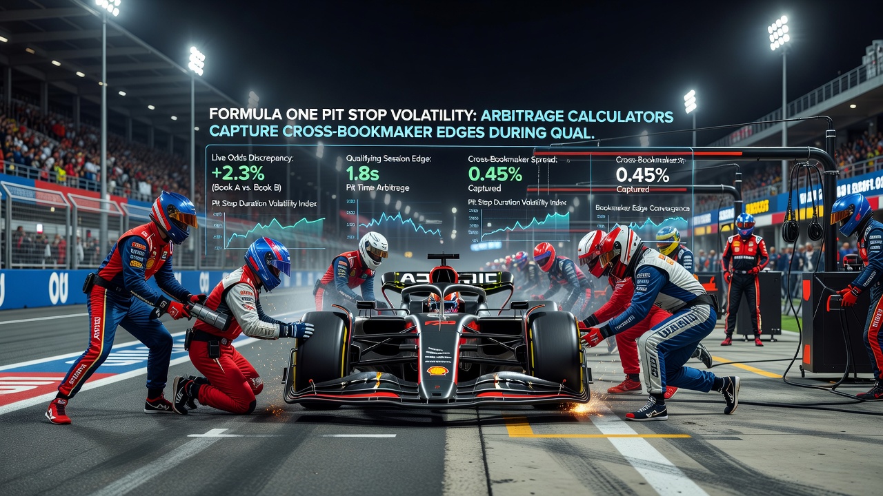 Close-up of a laptop screen displaying arbitrage calculator software with Formula One qualifying odds and stake recommendations