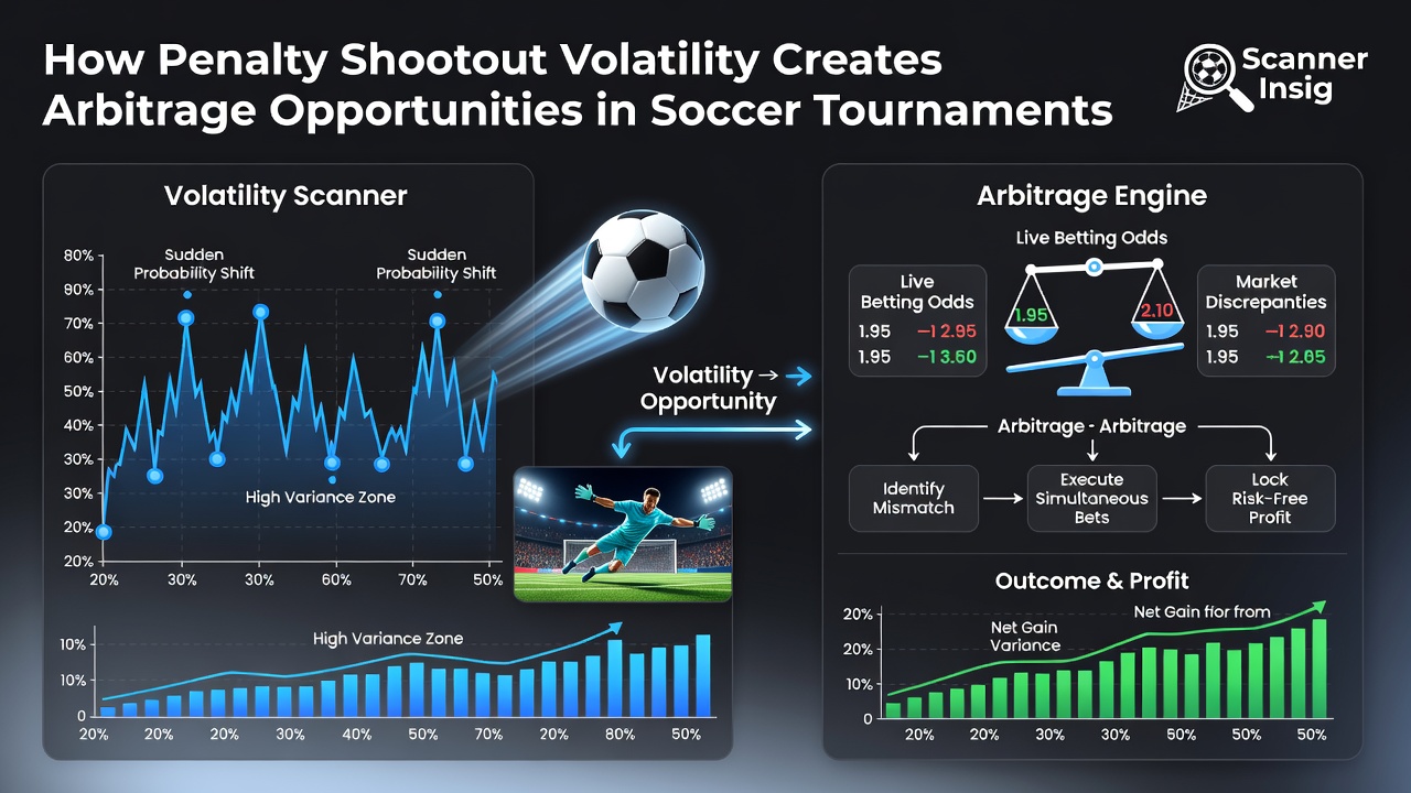 Arbitrage scanner dashboard displaying live penalty shootout odds gaps and profit lock calculations