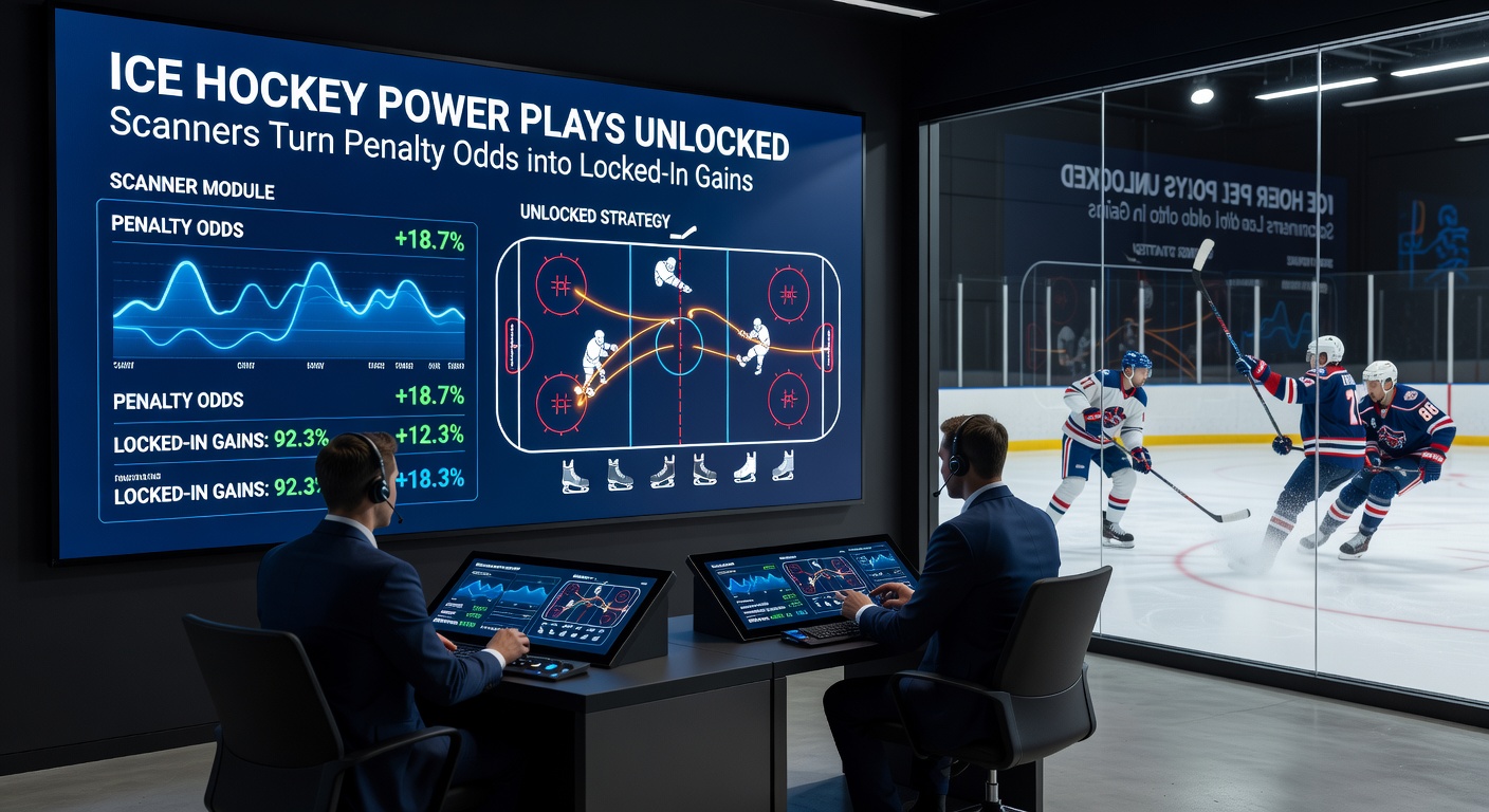 Digital scanner dashboard displaying live ice hockey odds arbitrage opportunities during a power play sequence