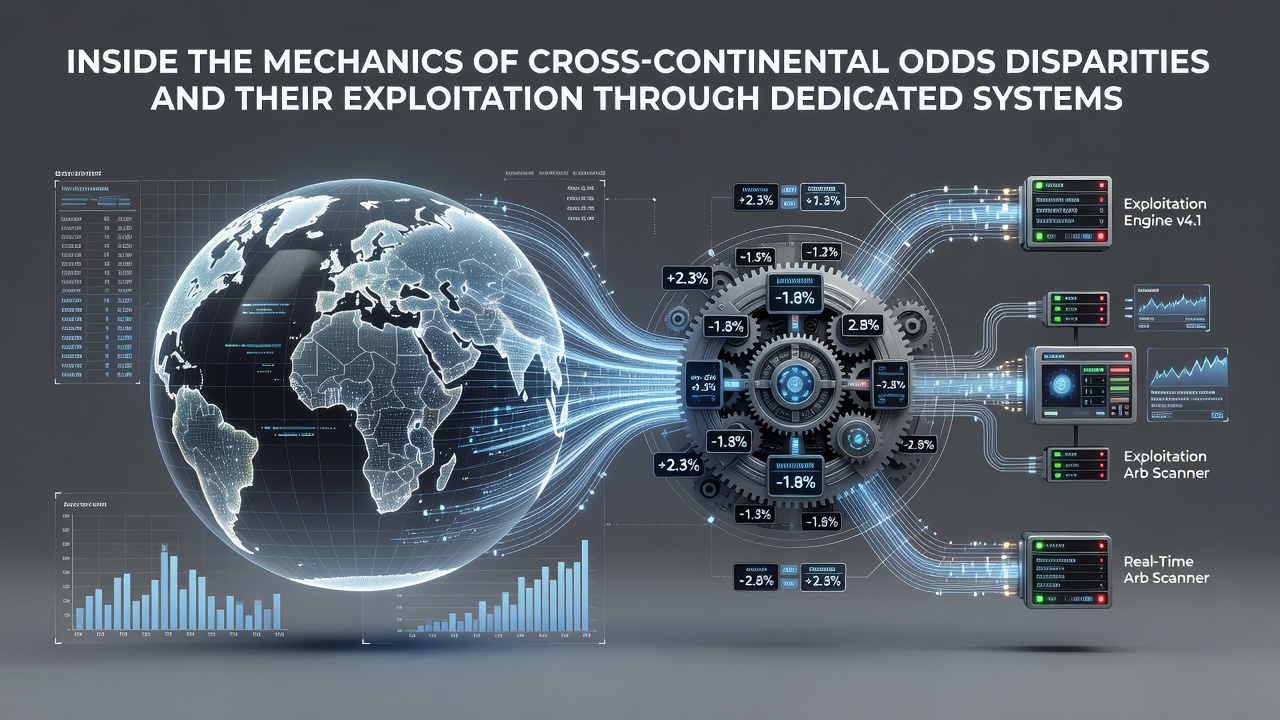 Screenshot-style view of arbitrage scanning software interface displaying cross-continental odds gaps and profit calculations
