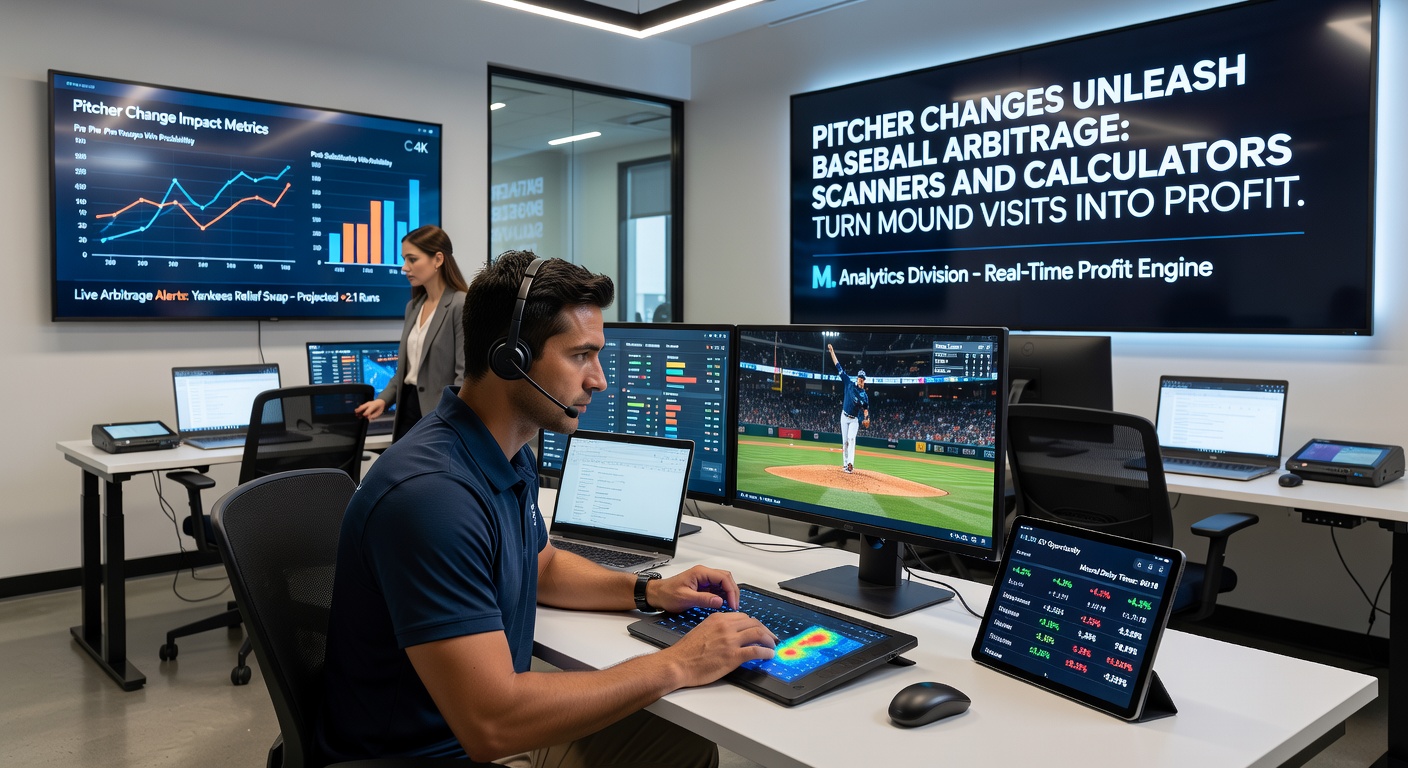 Digital dashboard of an arbitrage scanner highlighting live odds discrepancies during a baseball pitcher substitution, with profit calculations overlayed