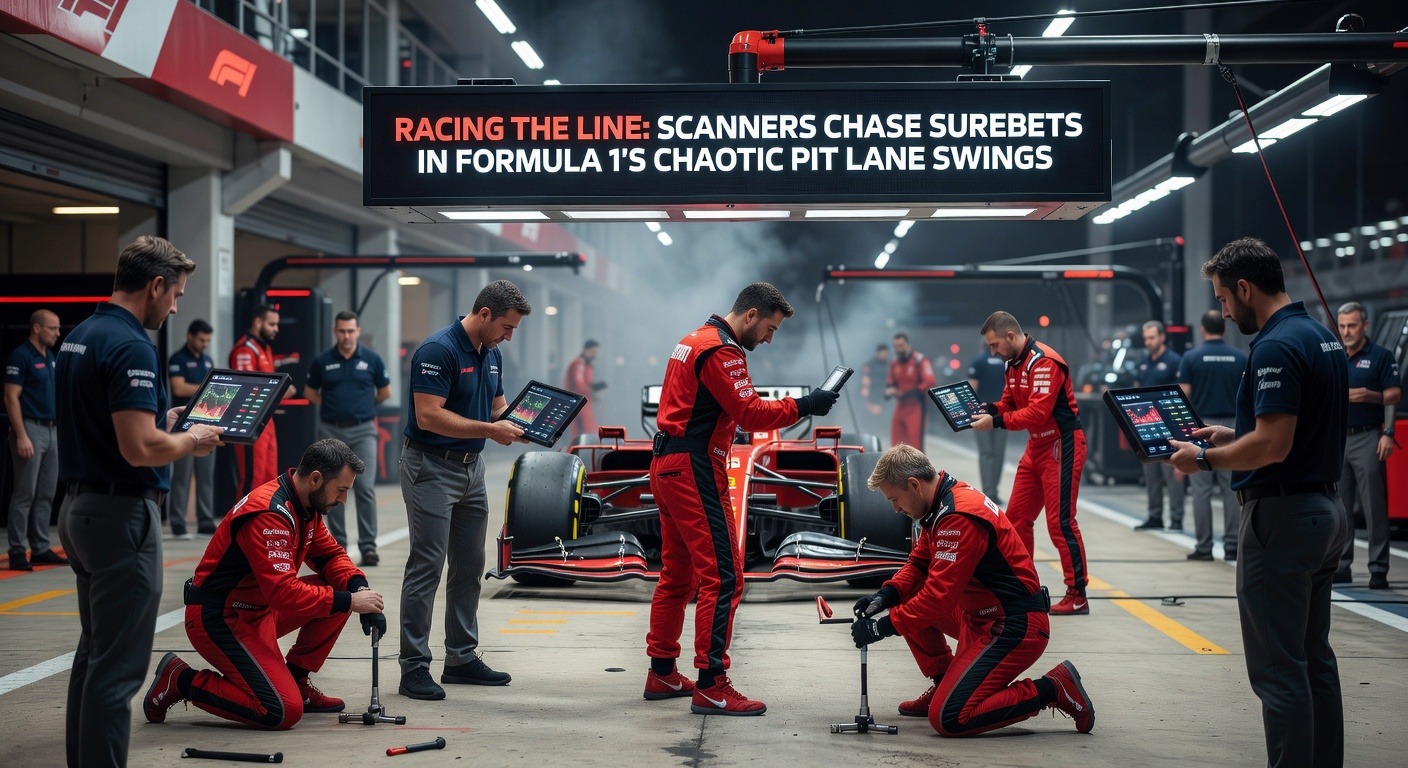 Close-up of a surebet scanner interface displaying live Formula 1 odds discrepancies during a pit stop sequence, with highlighted arbitrage opportunities and stake calculators