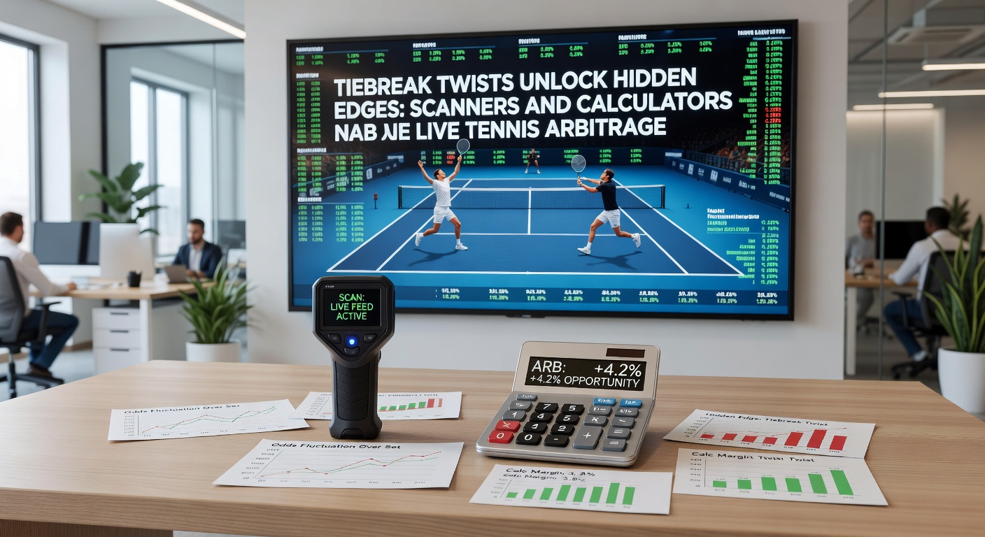 Close-up of a betting calculator interface displaying a live tennis tiebreak arbitrage opportunity with stake recommendations